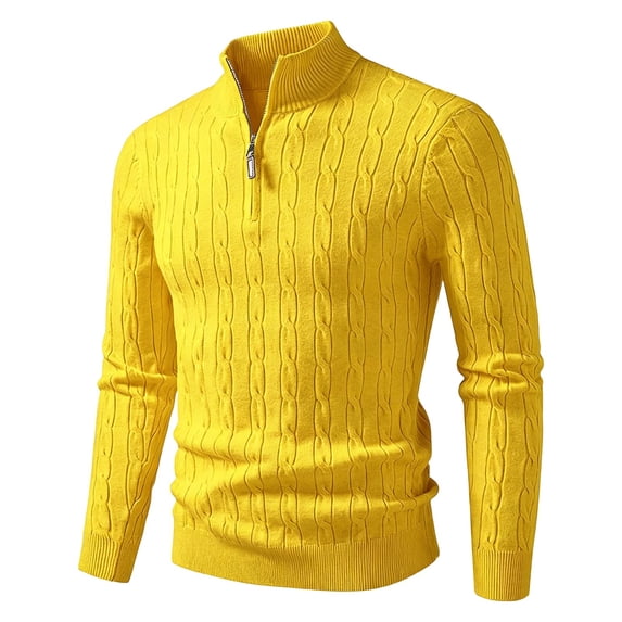 TOUMENY Men Winter Half Zip Sweater Casual Soft Comfy Knit Pullover Long Sleeve Solid Slim Crew Neck Basic Warm Fall Tops Yellow M