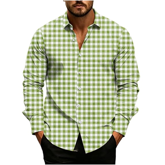 TOUMENY Men's Casual Button Down Shirts Long Sleeve Plaid Slim Fit Collared Summer Fall Party Tops Lightweight Trendy Print Shirt Army Green L