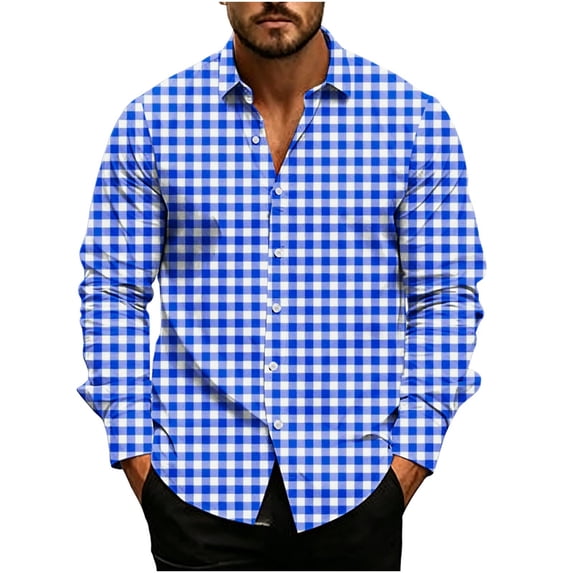 TOUMENY Men's Casual Button Down Shirts Long Sleeve Plaid Slim Fit Collared Summer Fall Party Tops Lightweight Trendy Print Shirt Dark Blue L