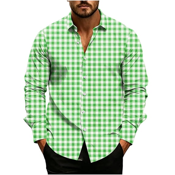TOUMENY Men's Casual Button Down Shirts Long Sleeve Plaid Slim Fit Collared Summer Fall Party Tops Lightweight Trendy Print Shirt Green S