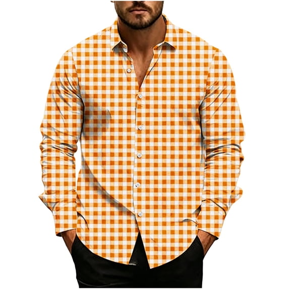 TOUMENY Men's Casual Button Down Shirts Long Sleeve Plaid Slim Fit Collared Summer Fall Party Tops Lightweight Trendy Print Shirt Orange XL