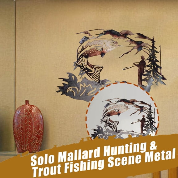 VVQ Metal Wall Art 30x25cm, Copper Blue Fire Patina Fishing Decor, High Gloss Iron Sculpture of Angler Catching Big Fish for Living Room Bedroom Door