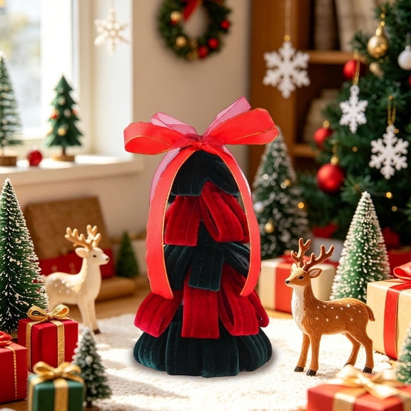TOUMENY Mini Velvet Christmas Tree Tabletop Decor, Red Ribbon Bow Small Handmade Xmas Centerpiece, Holiday Indoor Ornament for Window Shelf Home Decoration