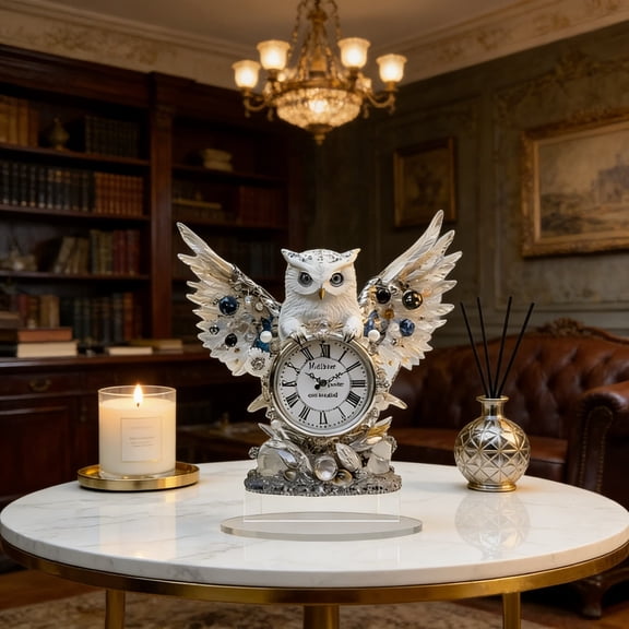 TOUMENY Owl Clock Acrylic Standee Decor, Crystal Rhinestone Owl Desk Clock Ornament, Vintage Roman Numeral Tabletop Decor for Home Office Bedroom