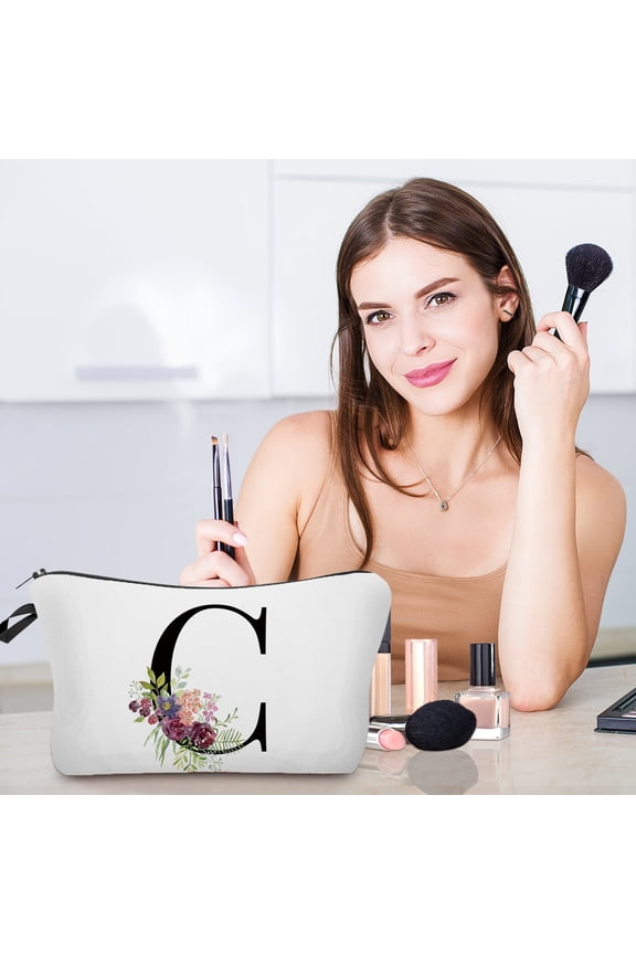 Personalized Floral Letter Cosmetic Bag, Waterproof Travel Makeup Pouch for Women, Perfect Birthday Gift for Mom Bride Bridesmaid