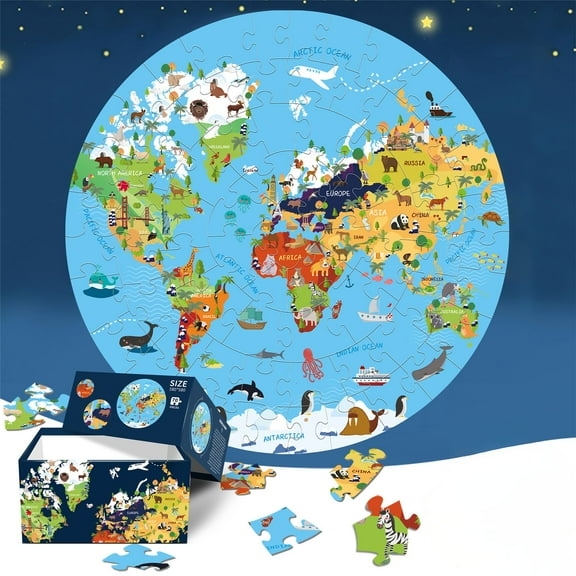 TOUMENY Round Blue Card Paper 70 Piece Puzzle, Educational Happy Puzzle World Map Animals Landmarks, Circular Jigsaw Puzzle for Adults Learning Geography, Fun Family Game Gift