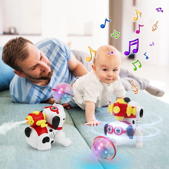TOUMENY Spray Puppy, Stunt Rotating Light Dancing Dog with Spray Action, Bump Scratch Resistant ABS Plastic, Interactive Educational Learning