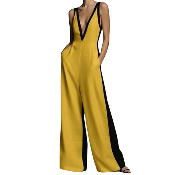 TOUMENY Spring Fall Jumpsuits for Women Wide Leg Color Block Deep V Neck Sleeveless Jumpsuit Casual Beach Vacation Party Loose Pocket Rompers Yellow XL