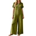 thumbnail image 1 of TOUMENY Spring Fall Jumpsuits for Women Wide Leg V Neck Button Front Jumpsuit Casual Loose Vacation Travel Lounge Romper Green M, 1 of 7