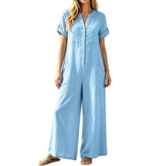 TOUMENY Spring Fall Jumpsuits for Women Wide Leg V Neck Button Front Jumpsuit Casual Loose Vacation Travel Lounge Romper Light Blue S