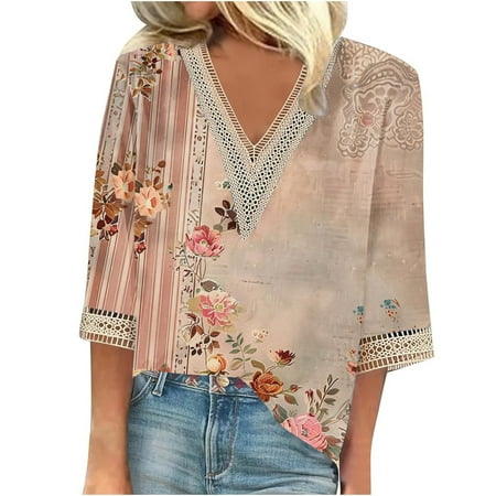 TOUMENY Summer Dresses for Women Boho Floral V Neck 3/4 Sleeve Lace Trim Lightweight Casual Loose Beach Vacation Blouse Khaki XXL