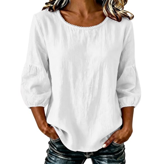 TOUMENY Summer Fall Blouses for Women Casual Lace Trim Puff Sleeve Round Neck Shirts Loose Flowy Elastic Cuff Boho Tops White XL