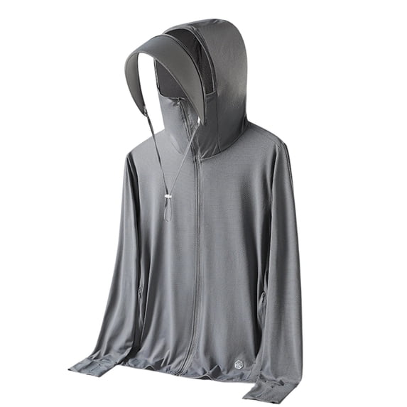 TOUMENY Summer Hoodies for Men Long Sleeve Loose Solid Zipper Casual Pullover Fashion Lightweight Outdoor Travel Vacation Hooded Shirt Gray S