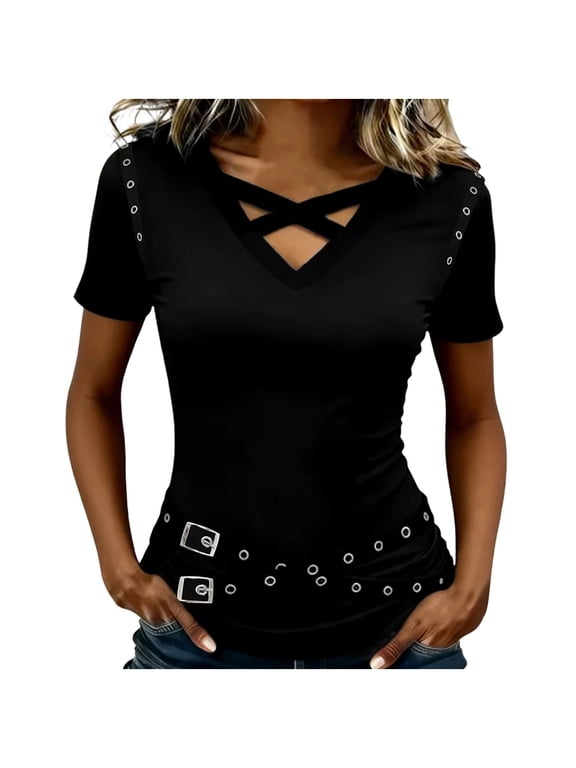 Summer Tops for Women Hollow Out V Neck Short Sleeve Casual Slim Cut Out Eyelet Gothic Party Night Out Club Tee Shirt Black M