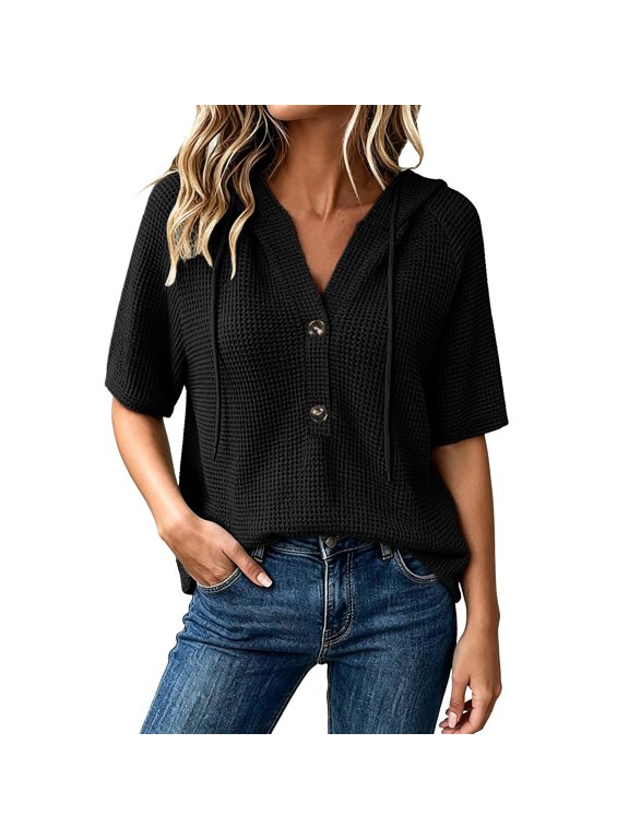 Summer Tops for Women Hooded V Neck Button Down Drawstring Short Sleeve Casual Loose Knit Blouse Tunic Beach Travel Pullover Black M