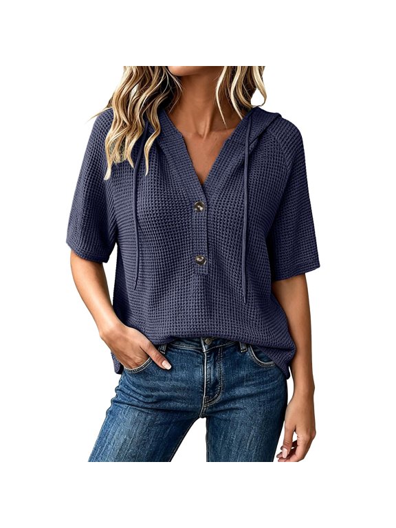 Summer Tops for Women Hooded V Neck Button Down Drawstring Short Sleeve Casual Loose Knit Blouse Tunic Beach Travel Pullover Navy XXL