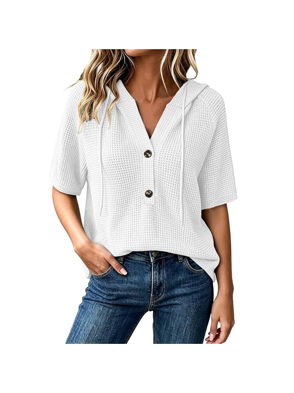 Summer Tops for Women Hooded V Neck Button Down Drawstring Short Sleeve Casual Loose Knit Blouse Tunic Beach Travel Pullover White M