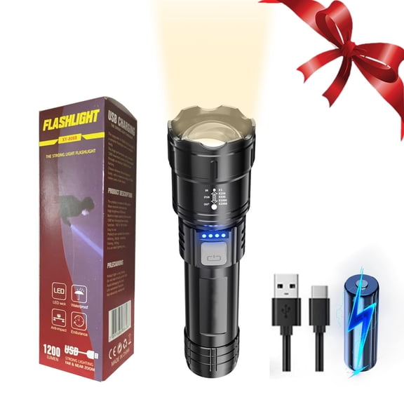 TOUMENY Super Bright Rechargeable Flashlight, Zoomable LED Handheld Torch, USB Fast Charging 1800mAh Battery for Outdoor Camping Emergency Use