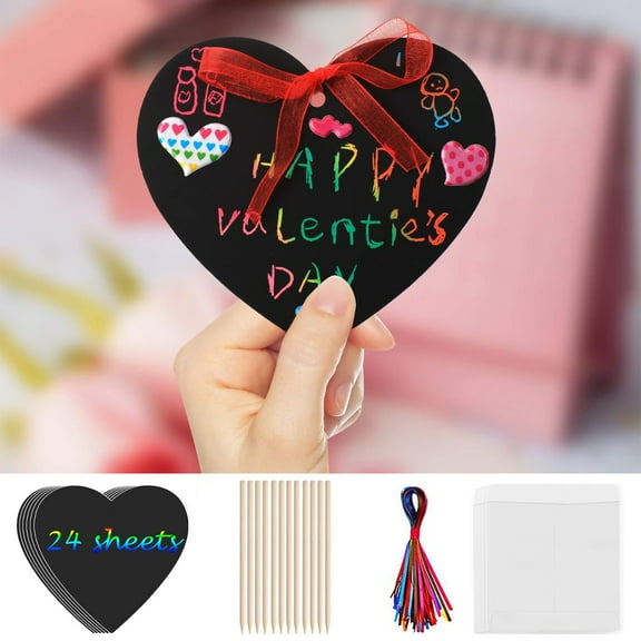 TOUMENY Valentine's Day Scratch Art Kit, 24 Heart Cards DIY Craft Set for Kids, Creative Love Gifts and Party Activities