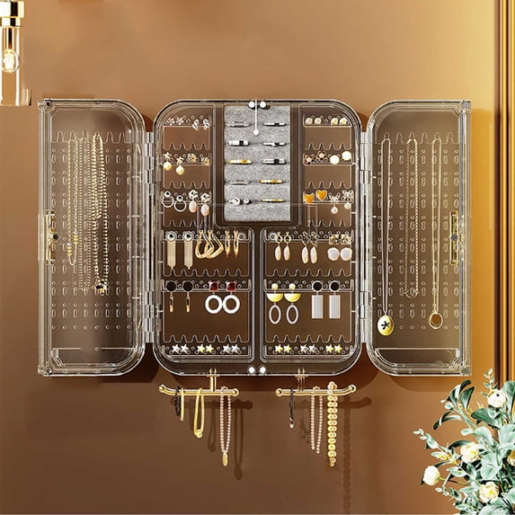 TOUMENY Wall Mounted Jewelry Organizer, Transparent Hanging Storage Cabinet for Necklaces Earrings Rings, No Punching Adhesive Teen Girl Bedroom Decor Display Rack