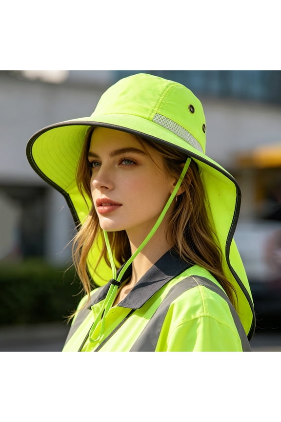 Wide Brim Sun Hat for Sanitation Workers, Reflective Strips Outdoor Safety Hat Sun Protection, Breathable Quick-Dry Work Hat for Unisex Outdoor Labor with Cooling, Green