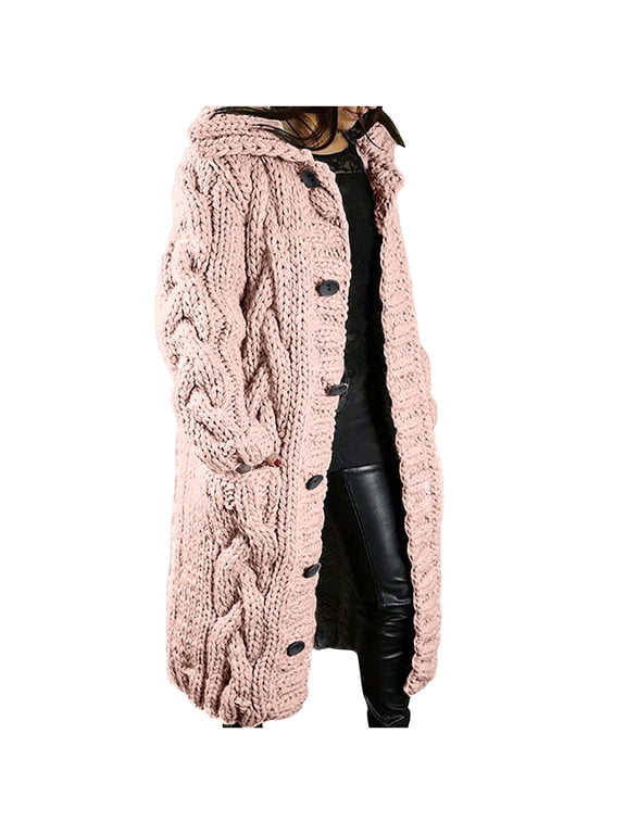 Winter Cardigan for Women Hooded Knit Button Down Long Sleeve Casual Loose Oversized Warm Coat Plus Size Fashion Sweater Pink XXL