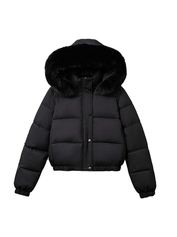 Winter Jackets for Women Solid Color Quilted Button Long Sleeve Puffer Coat Down Slim Casual Fashion Hooded Fleece Outerwear Black M