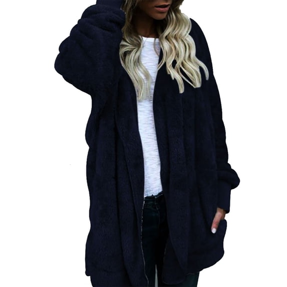 TOUMENY Women Cardigan Hooded Long Sleeve Casual Loose Oversized V Neck Fall Winter Coats Open Front Draped Pockets Sweater Cardigan Coat Blue S