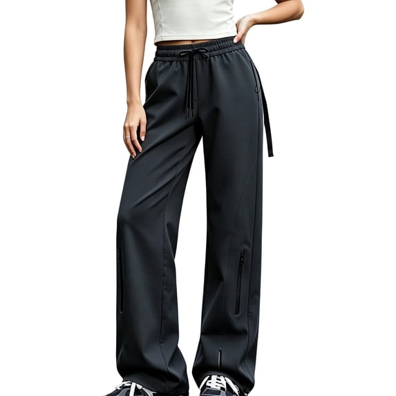 TOUMENY Women Cargo Pants Spring Fall Casual Elastic Waist Stretchy Breathable Pants Solid Loose Wide Leg Drawstring Joggers Trousers Black L