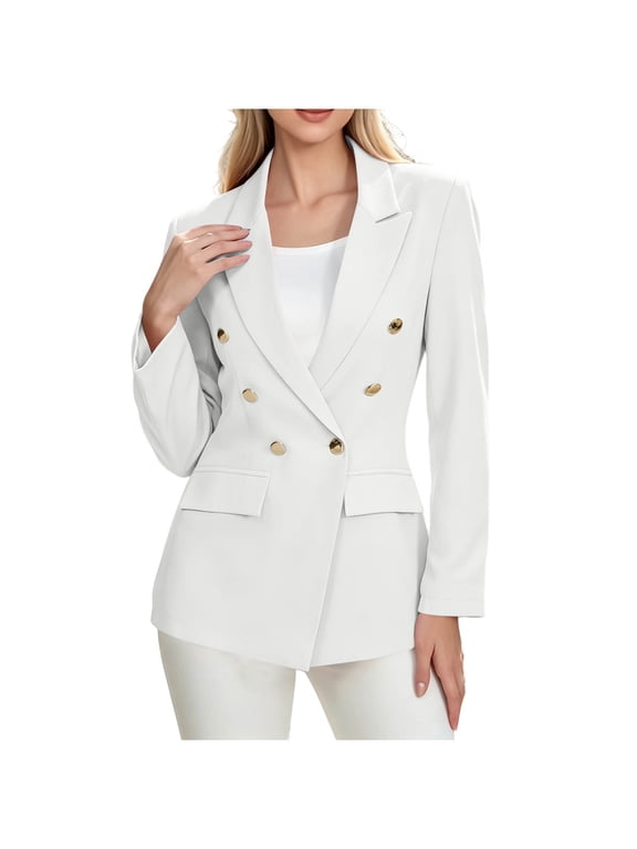 Women Casual Jacket Lapel Collar Long Sleeve Lightweight Double Breasted Blazer Solid Classic Button Down Office Outerwear White XL