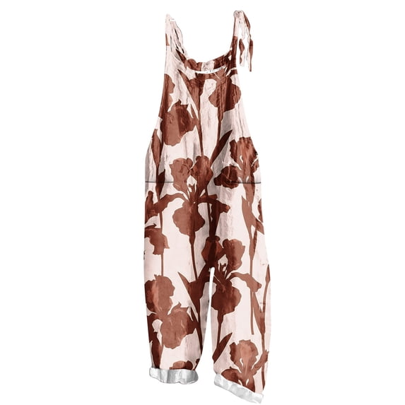 TOUMENY Women Casual Jumpsuit Floral Boho Wide Leg Elastic Waist Sleeveless Jumpsuits with Pocket Spring Fall Beach Vacation Lounge Romper Beige L