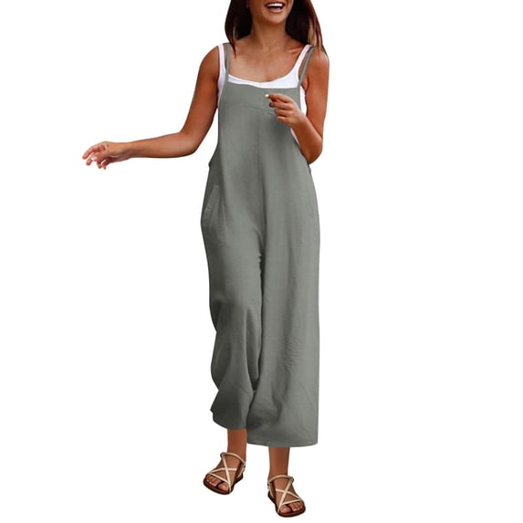 TOUMENY Women Casual Sleeveless Romper Spaghetti Strap High Waist Wide Leg Jumpsuit Solid Loose Spring Fall Travel Vacation Jumpsuits Gray XL