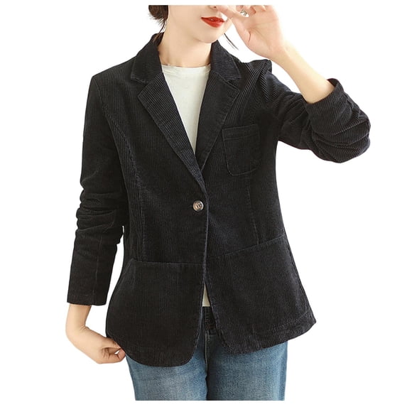 TOUMENY Women Corduroy Jacket Casual Blazer Long Sleeve Button Collared Solid Slim Work Coat Fall Winter Outerwear Black XXL