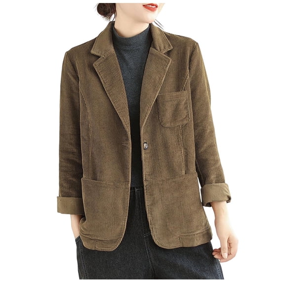 TOUMENY Women Corduroy Jacket Casual Blazer Long Sleeve Button Collared Solid Slim Work Coat Fall Winter Outerwear Coffee M