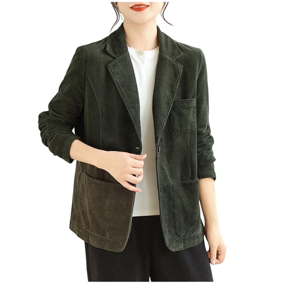 TOUMENY Women Corduroy Jacket Casual Blazer Long Sleeve Button Collared Solid Slim Work Coat Fall Winter Outerwear Green M
