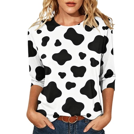TOUMENY Women Cow Print T-Shirt Casual Loose 3/4 Sleeve Round Neck Spots Blouse Summer Fall Trendy Vacation Party Top Black XXL