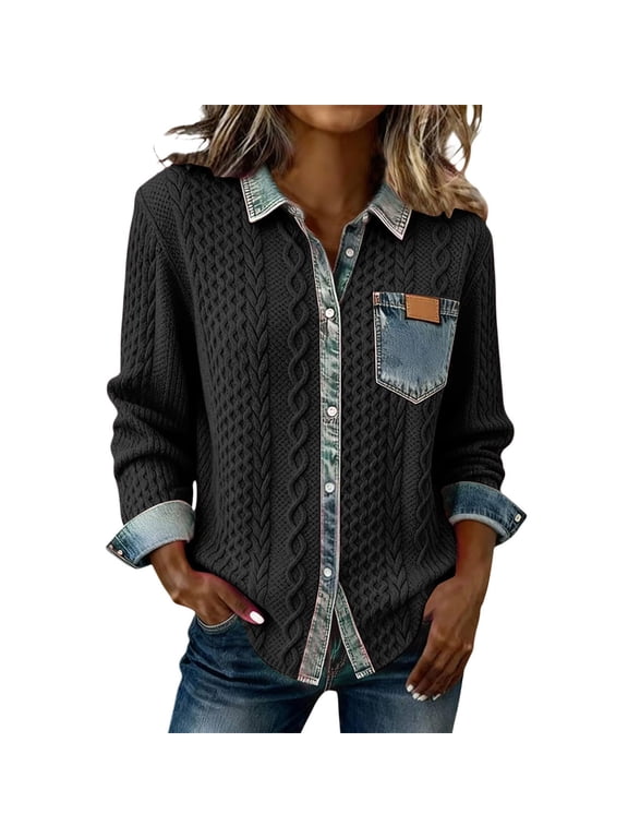 Women Fall Winter Denim Patchwork Cardigan Casual Long Sleeve Collared Loose Knit Sweater Fall Fashion Button Down Tops Dark Gray M