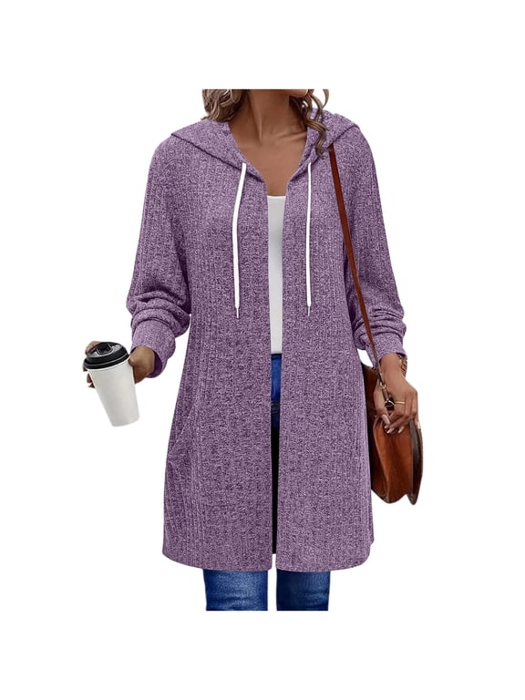 Women Hooded Cardigan Casual Loose Long Sleeve Drawstring Solid Knit Sweater Coat Fall Spring Party Travel Cardigans Purple M