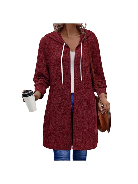 Women Hooded Cardigan Casual Loose Long Sleeve Drawstring Solid Knit Sweater Coat Fall Spring Party Travel Cardigans Red XL