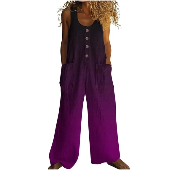 TOUMENY Women Linen Jumpsuit Spring Fall Casual Bohemian Solid Sleeveless Round Neck Rompers Elastic Waist Pocket Wide Leg Lounge Romper Purple S