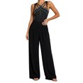 thumbnail image 1 of TOUMENY Women Rhinestone Jumpsuit Spring Fall Solid Color Slim Fit Long Sleeve Jumpsuits Wide Leg High Waist Formal Evening Cocktail Romper Black L, 1 of 7