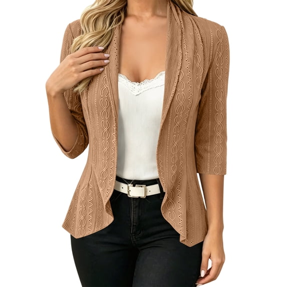 TOUMENY Women's Cardigan Knitted Hollow Out Lightweight 3/4 Sleeve Open Front Outerwear Summer Fall Casual Loose Cardigans Khaki XL