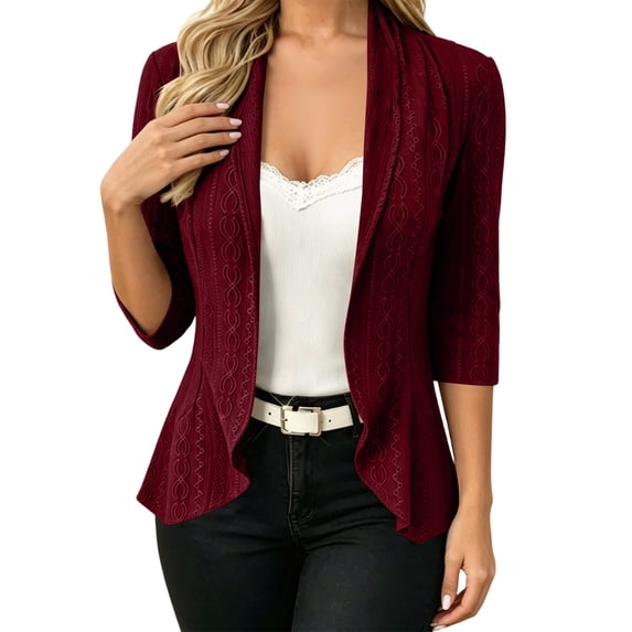 TOUMENY Women's Cardigan Knitted Hollow Out Lightweight 3/4 Sleeve Open Front Outerwear Summer Fall Casual Loose Cardigans Red M