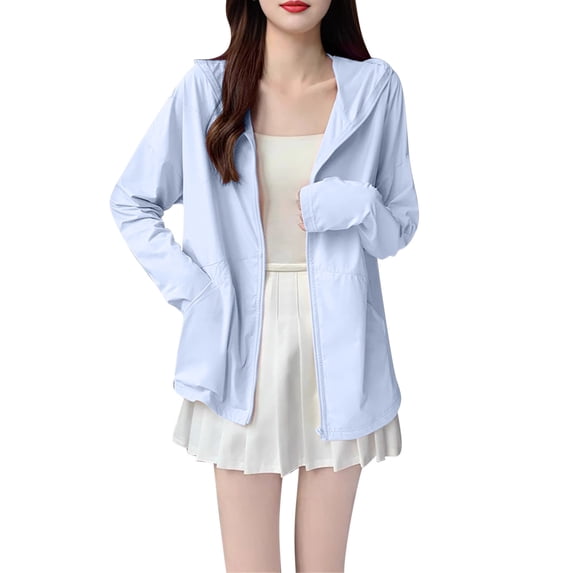 TOUMENY Women's Casual Hooded Jacket Lightweight Loose Zip Up Sun Protection Cardigan Long Sleeve Spring Summer Fashion Outerwear Tops Blue XXL