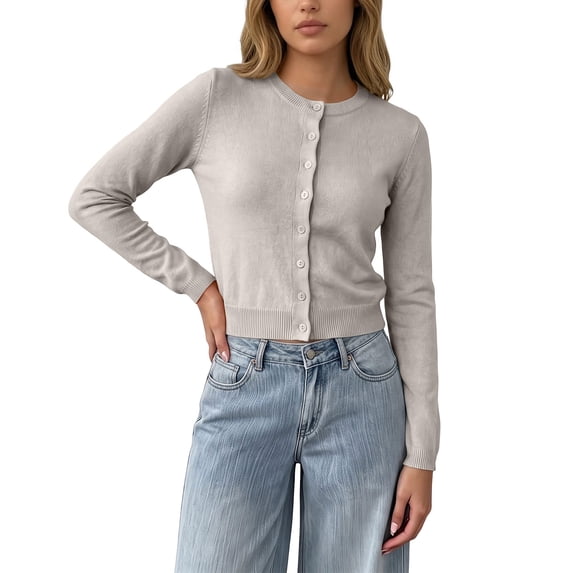 TOUMENY Women's Cropped Cardigan Button Down Round Neck Long Sleeve Knit Sweater Casual Slim Fit Lightweight Fall Winter Cozy Cardigans Gray XL