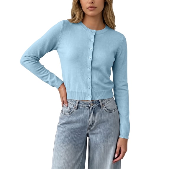 TOUMENY Women's Cropped Cardigan Button Down Round Neck Long Sleeve Knit Sweater Casual Slim Fit Lightweight Fall Winter Cozy Cardigans Sky Blue XXL