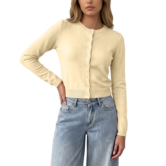 TOUMENY Women's Cropped Cardigan Button Down Round Neck Long Sleeve Knit Sweater Casual Slim Fit Lightweight Fall Winter Cozy Cardigans Yellow XXL