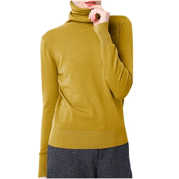 TOUMENY Women's Fall Winter Knitted Sweater High Neck Long Sleeve Ribbed Slim Fit Casual Pullover Turtleneck Cozy Basic Tops Yellow S