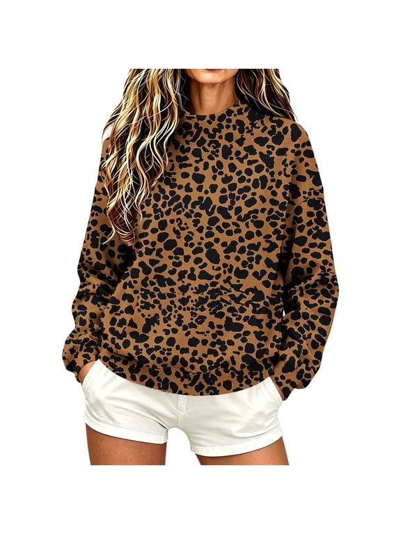 Women's Leopard Print Sweater Casual Loose Long Sleeve Round Neck Pullover Fall Winter Fashion Trendy Comfy Tunic Tops Brown XL