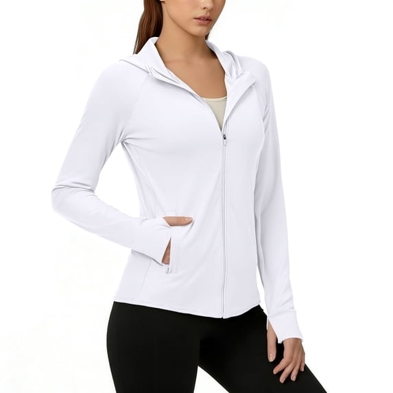 TOUMENY Women's Zip Up Hoodie Lightweight Sun Protection UPF 50+ Long Sleeve Slim Fit Athletic Jacket Casual Running Hiking Travel Workout Top White L